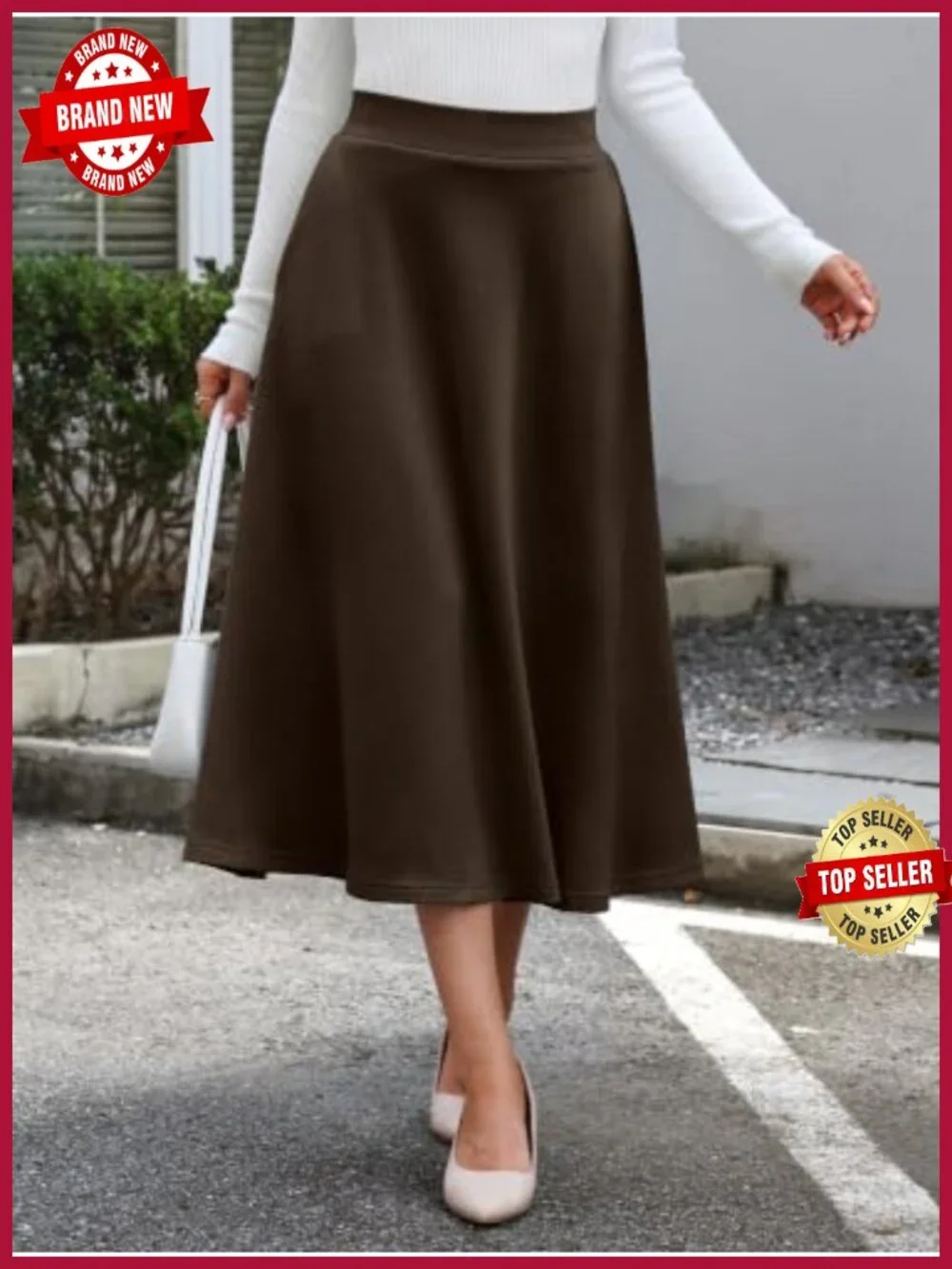 A-Line Elastic High Waist Midi Skirt with Pockets, Wrinkle Free Long Skirt,